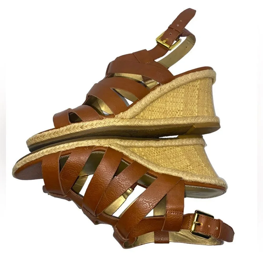 Chaps Dallyn Sz 7.5 Brown Faux Leather Open Toe Ankle Strap Wedge Sandals Shoes